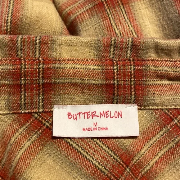 Butter Melon Plaid Button Down Red & Tan Shirt - Picture 4 of 5